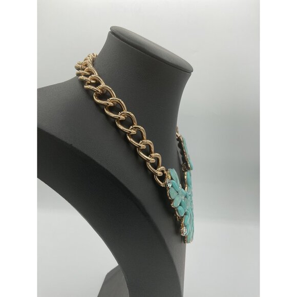 Gold Tone Chain Necklace With Turquoise & Clear Rhinestone Flower Pendant - Picture 3 of 5